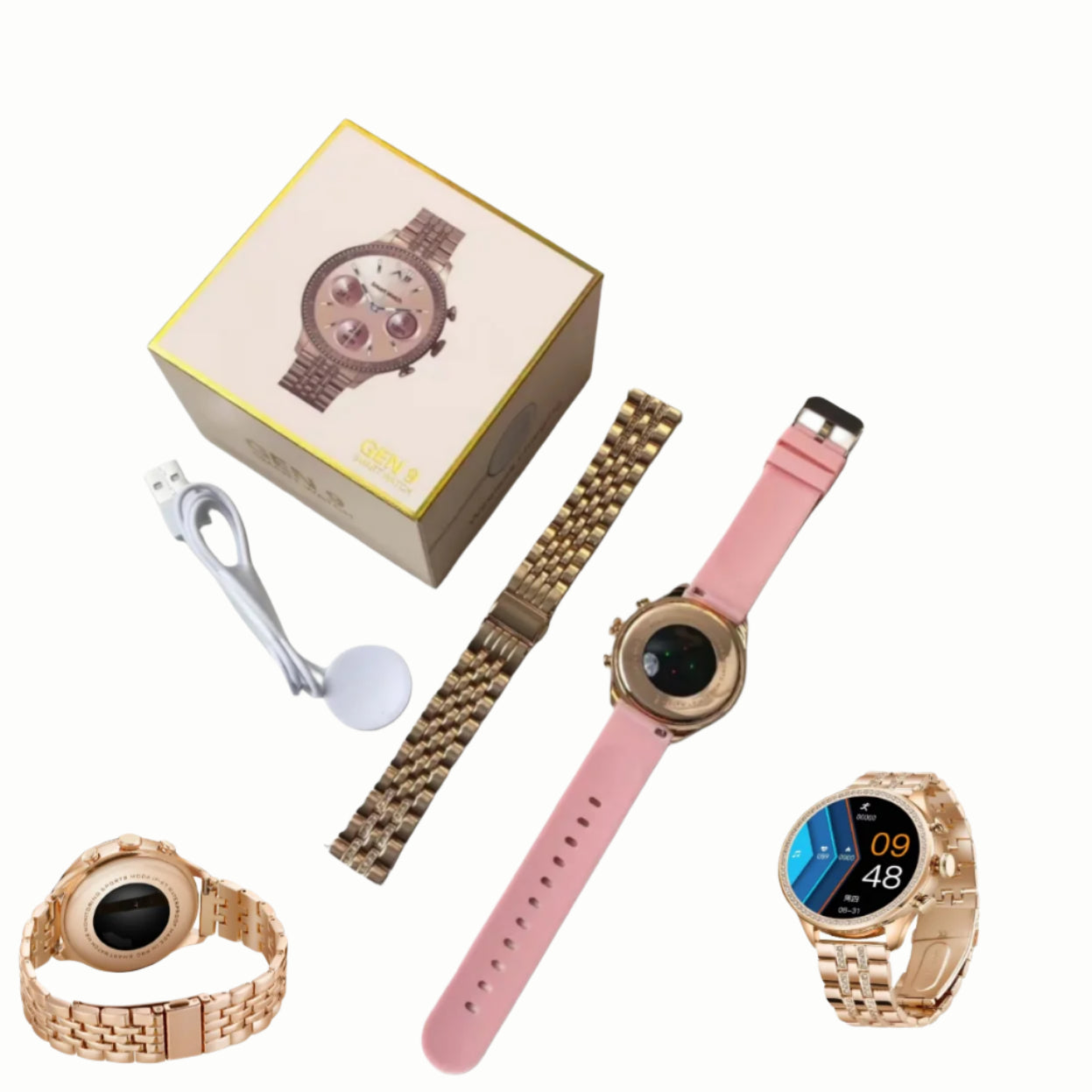 Plaxonic Fossil Gen 9 Golden Diamond Strap, Luxurious  Smartwatch ( 2 BELT) Bluetooth Calling  ,(ROSE GOLD)