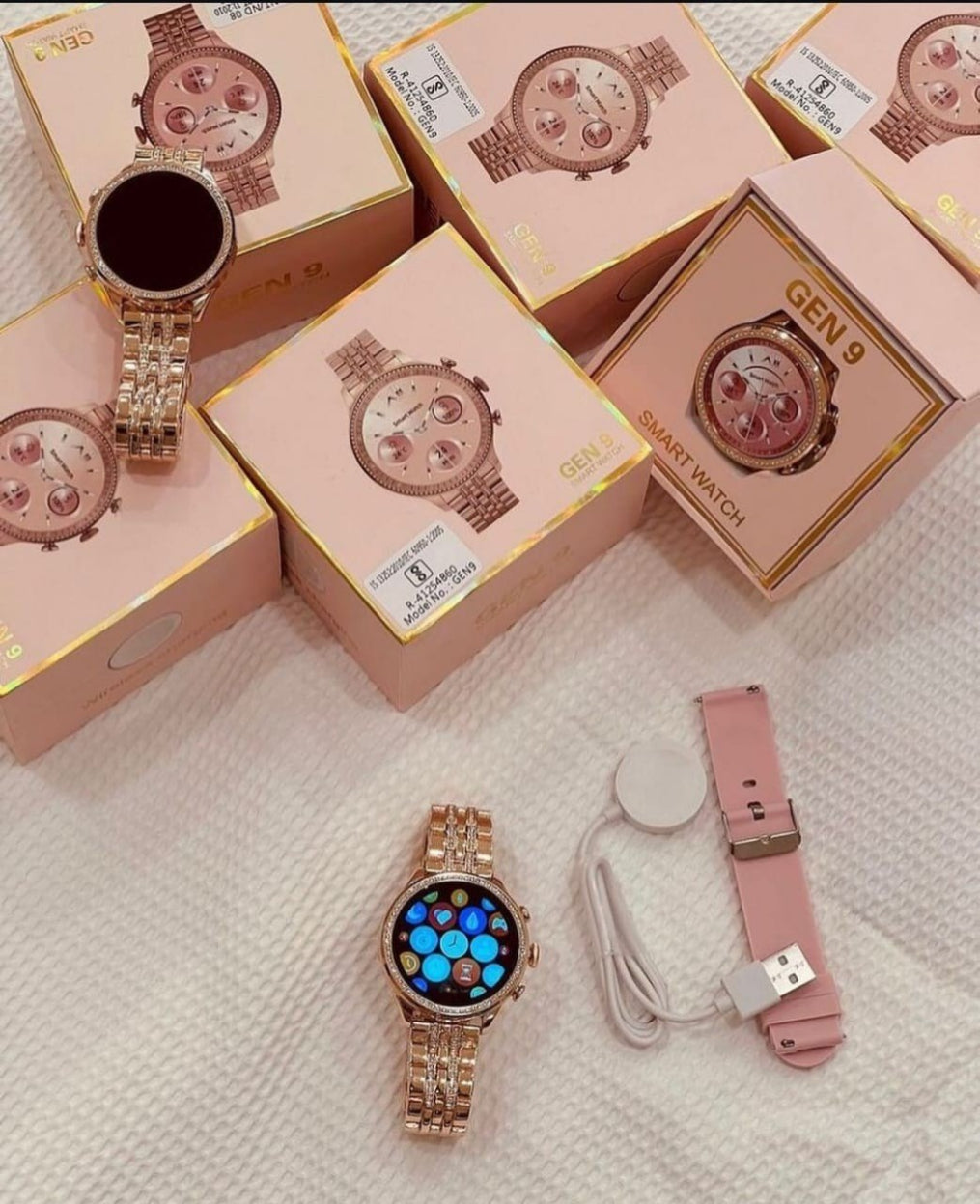 Plaxonic Fossil Gen 9 Golden Diamond Strap, Luxurious  Smartwatch ( 2 BELT) Bluetooth Calling  ,(ROSE GOLD)